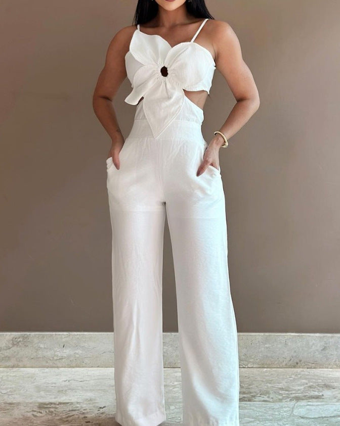 Dame jumpsuit med floral cut-out og brede ben Stilla