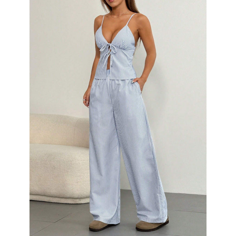Dame Fritid To-delt Stribet Jumpsuit Sæt med Bindebånd foran Stilla