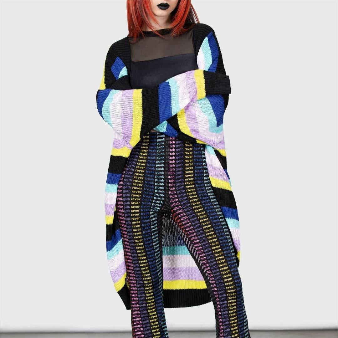 Dame Åben Strikjakke med farverigt stribemønster og løs pasform Stilla