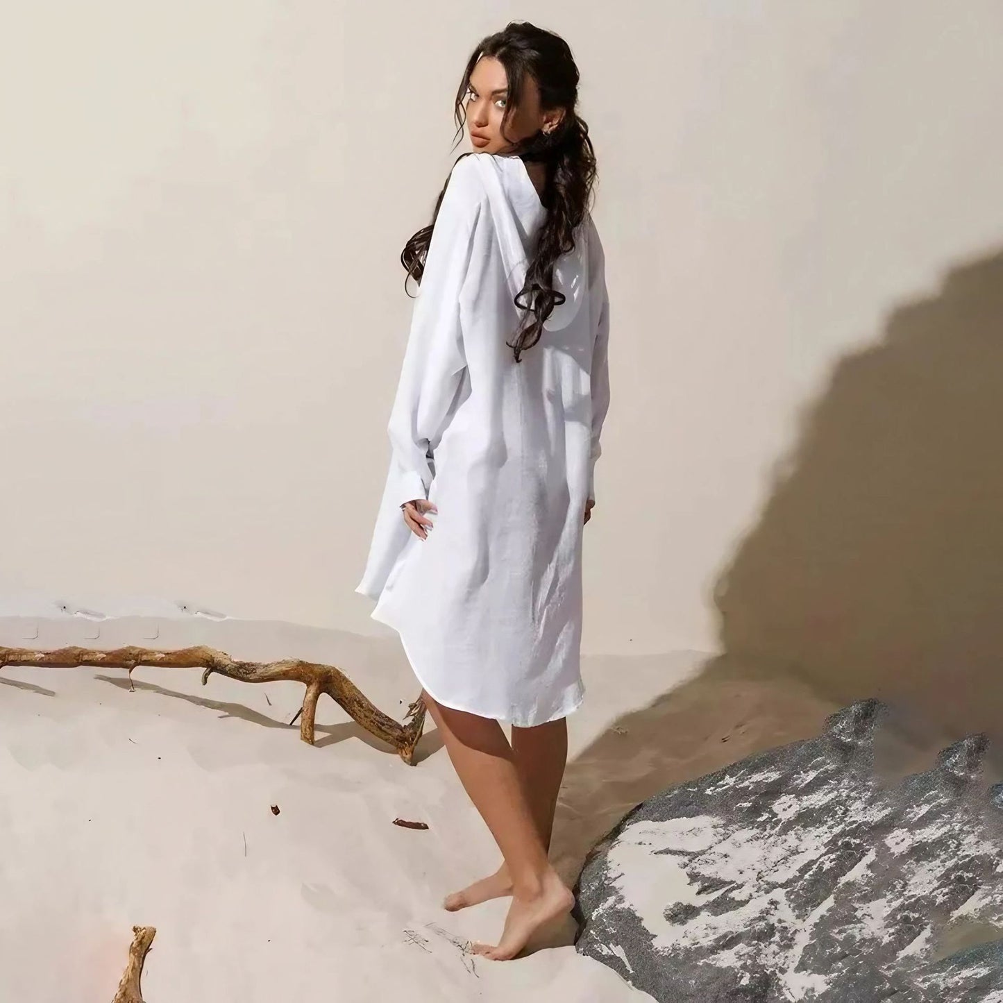 Dame afslappet strandbluse med hætte og knyttet design Stilla