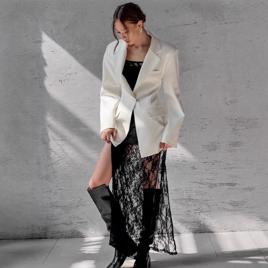 Dame Elegant blazer-outfit med gennemsigtig spidspullover lang jakke Stilla