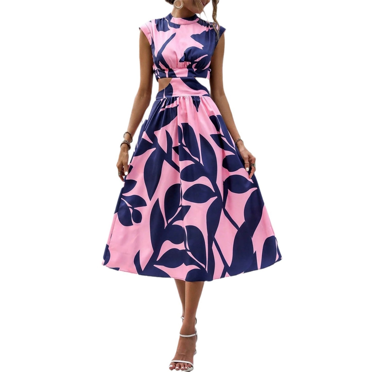 Dame Elegant Cut-Out Midi Kjole med Blomsterdesign Stilla