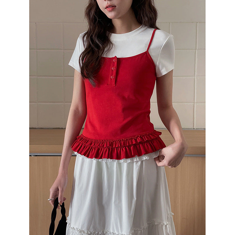 Dame afslappet lag-top med flæsekant og kortærmet nederdel Stilla