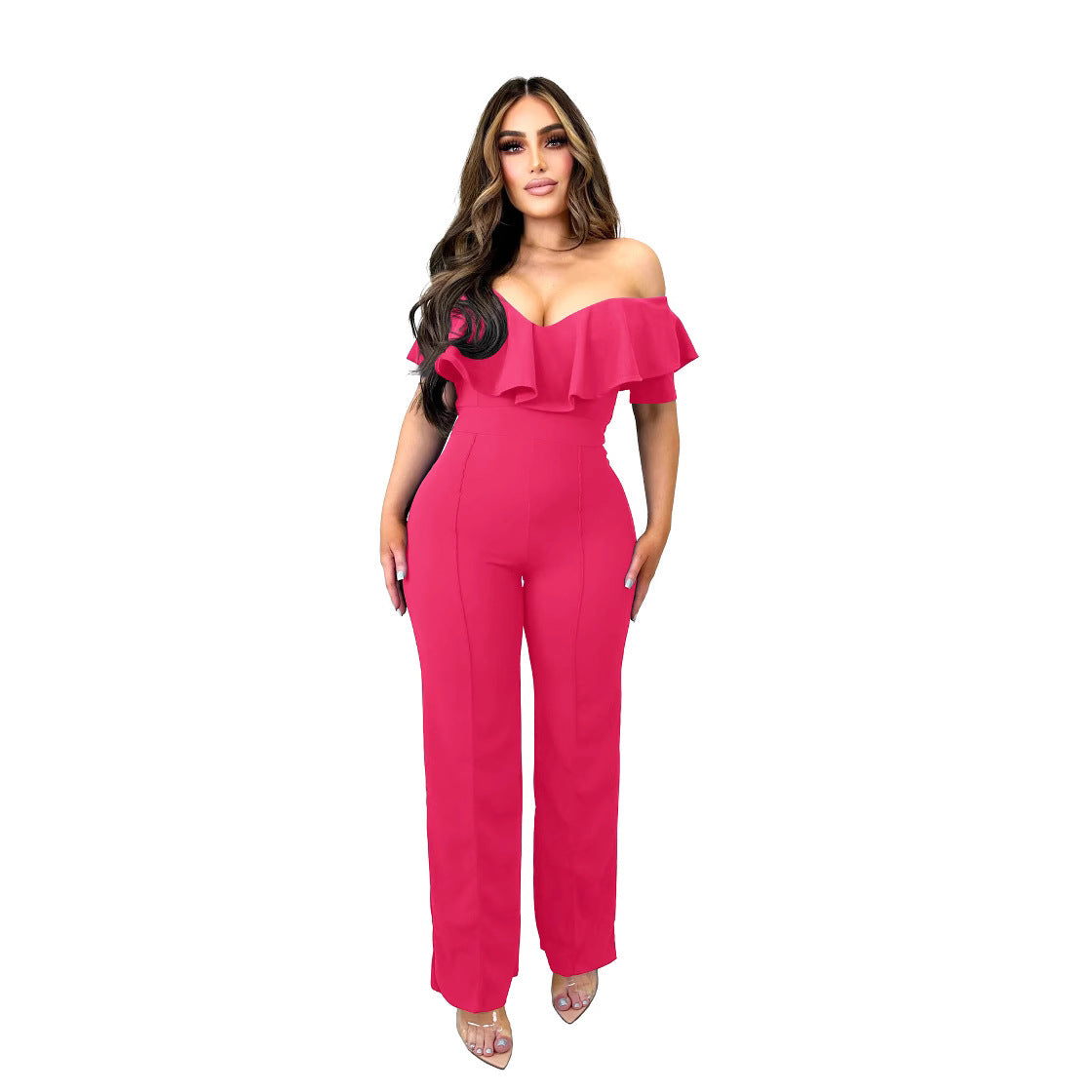 Dame elegant jumpsuit med flæset udskæring Stilla