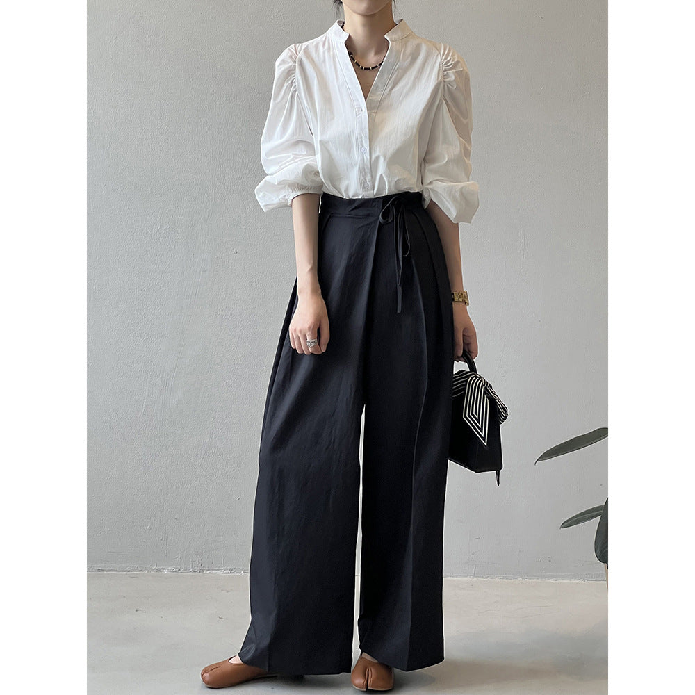 Dame elegant Bluse med pufærmer og ståkrave Stilla