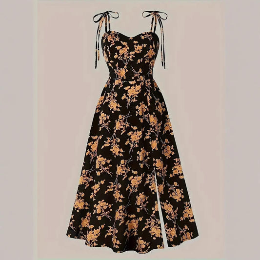 Dame A-linje kjole med blomsterprint og spaghetti stropper Stilla