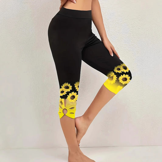 Dame Capri-Leggings med unikt solsikke-design og høj talje Stilla