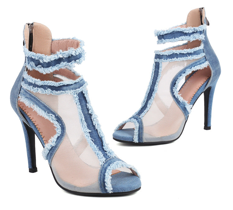 Femme Open-Toe Højhælede Mesh Støvletter med frynset Denim-accents Stilla