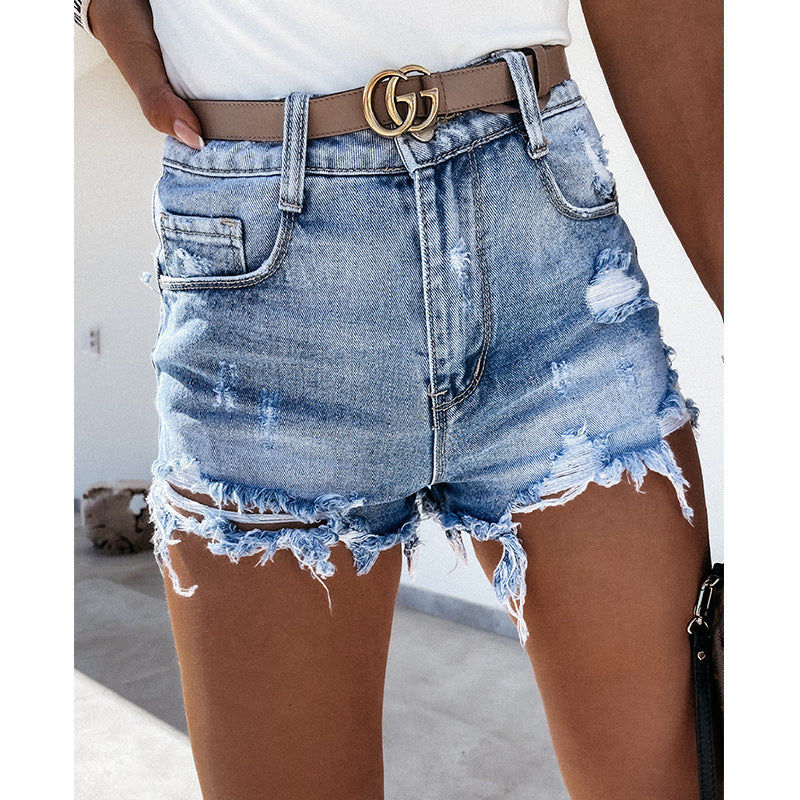 Dame afslappede denim shorts i vintage stil med frynset kant Stilla