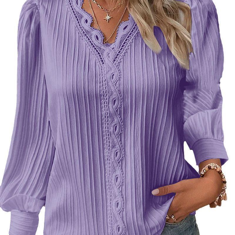 Dame Plisseret Bluser T-shirt med romantiske Spidsdetaljer Stilla