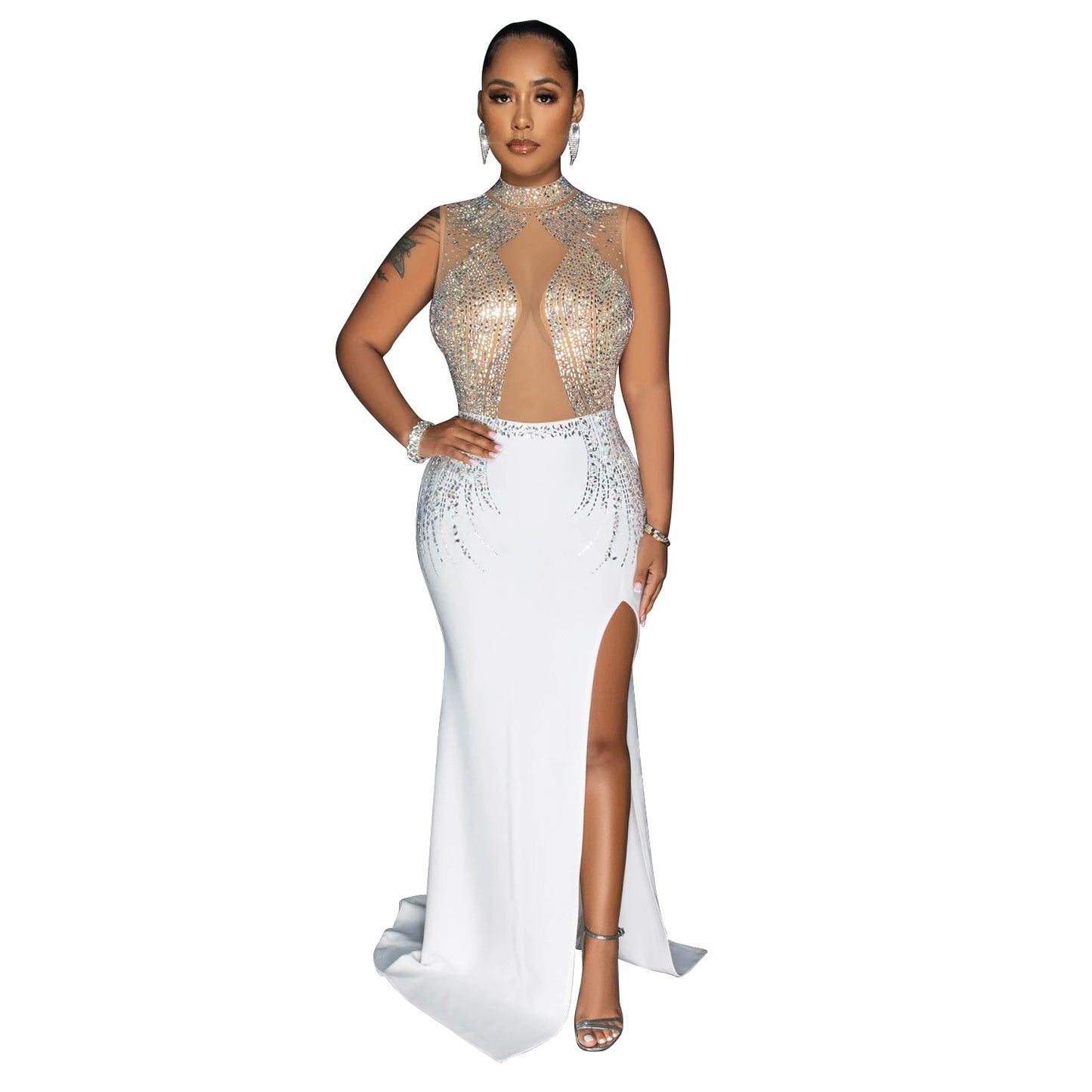 Dame Elegant aftenkjole med transparent spids og strassdekorationer Stilla