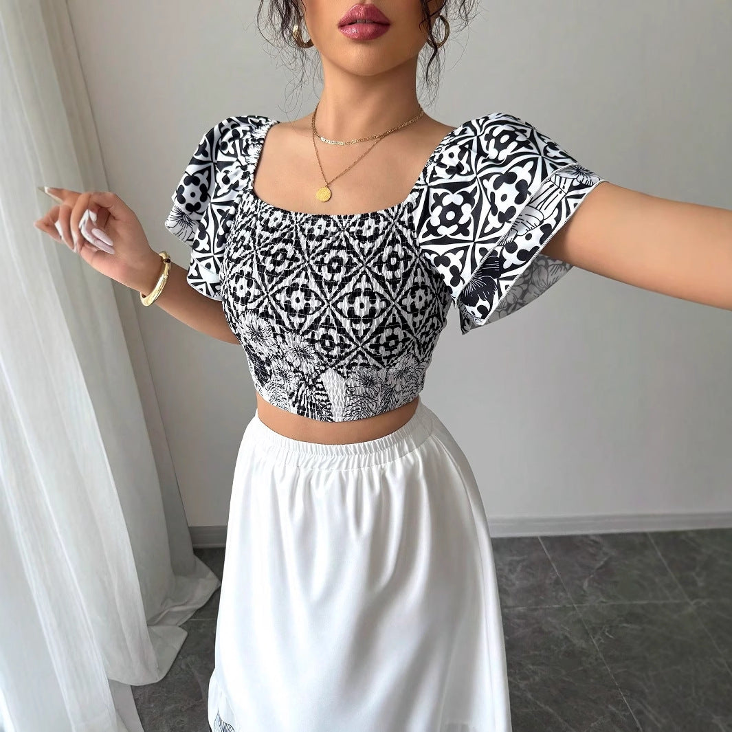 Dame Crop-Top og Maxi-Nederdel Sæt med blomsterlige accenter Stilla