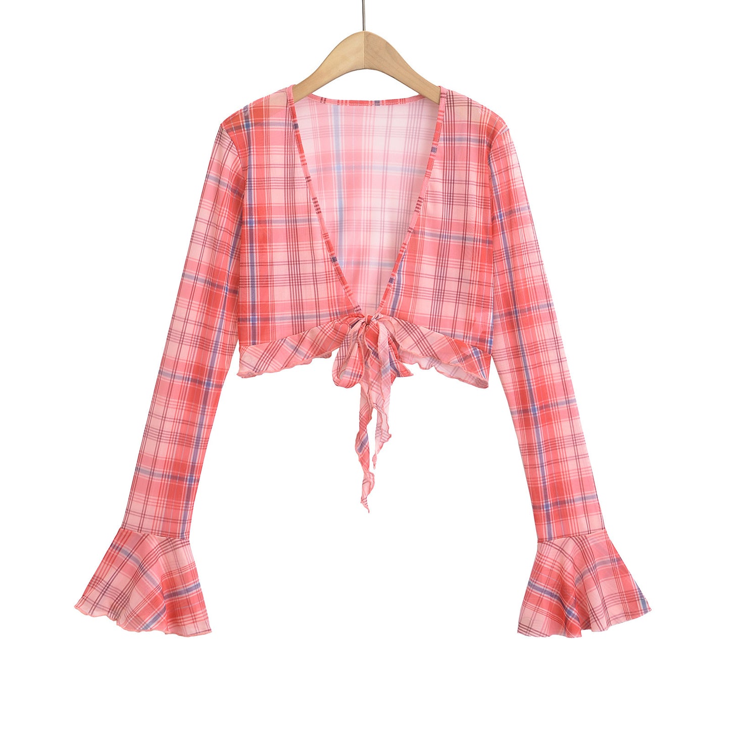 Dame cropped bluse i ternet design med bindedetalje og udvidede ærmer Stilla