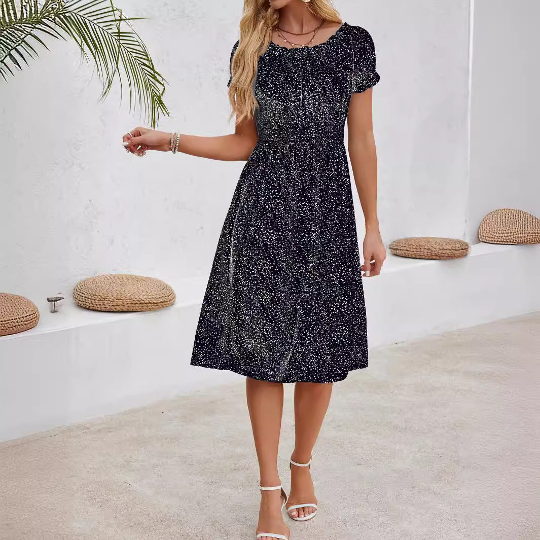 Dame A-linje kjole med fint prikkemønster og elastisk taljebånd Stilla