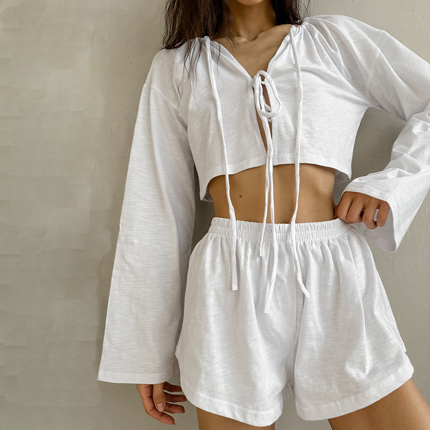 Dame afslappet cropped top med snørring og brede ærmer Stilla