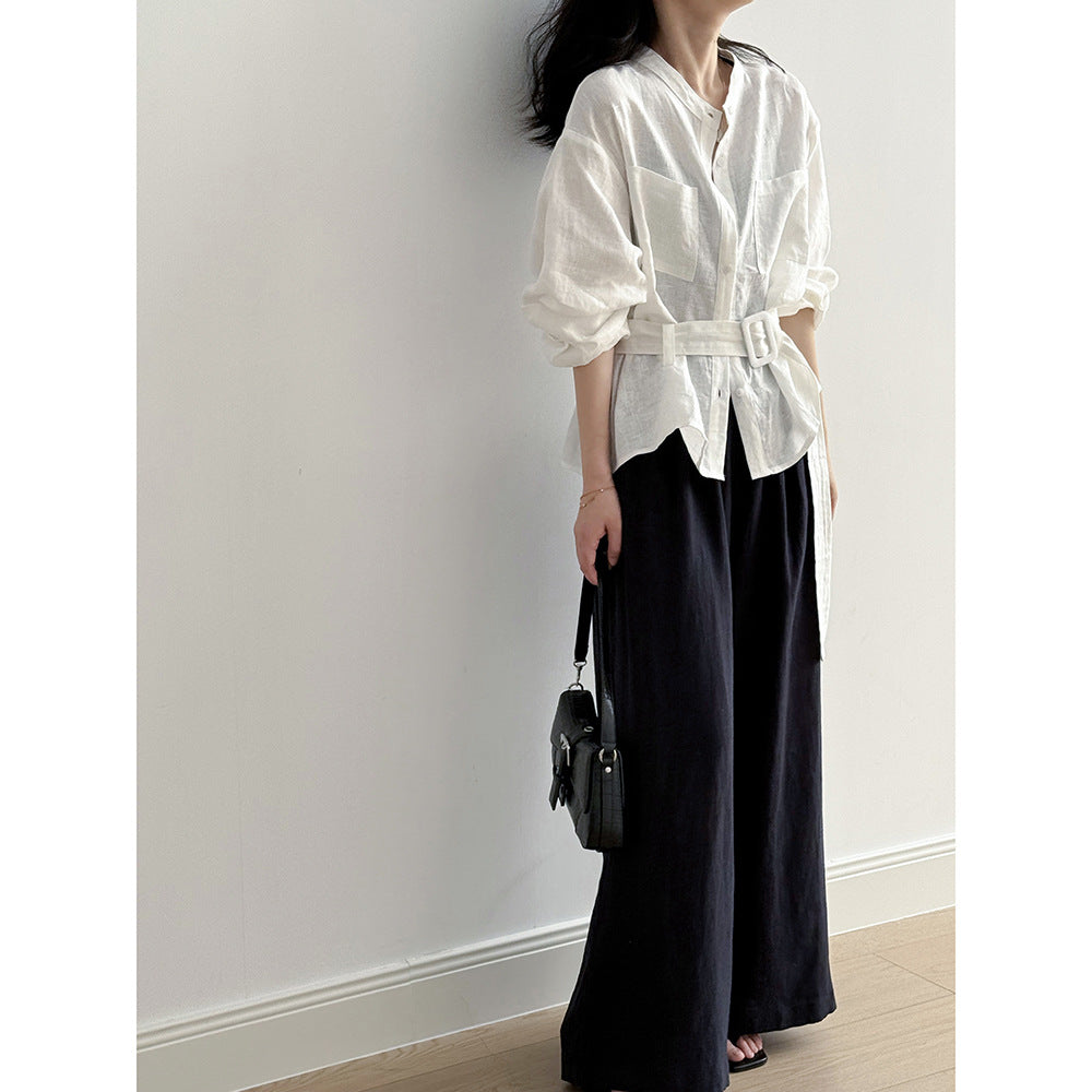 Dame afslappet skjorte med åndbart linned og taljebælte Stilla