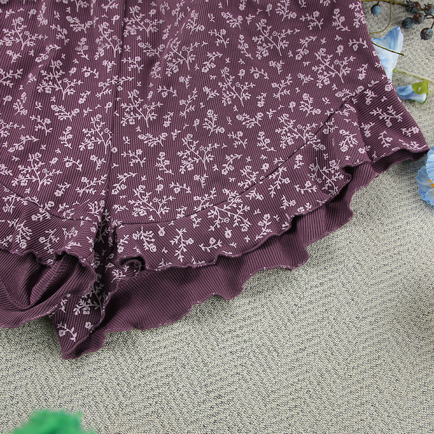 Dame afslappende Top- og shorts-sæt med legende blomsterprint og voluminøse ærmer Stilla