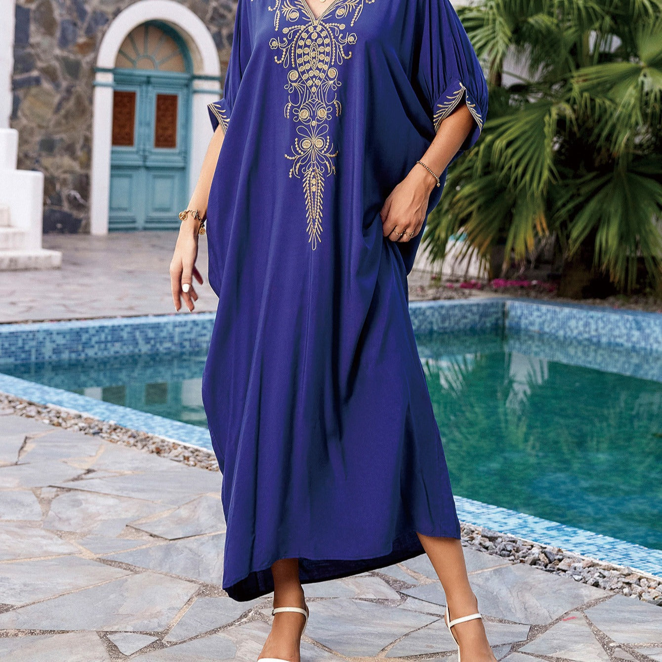 Dame Elegant Kaftankjole med kunstnerisk broderi og luftige ærmer Stilla