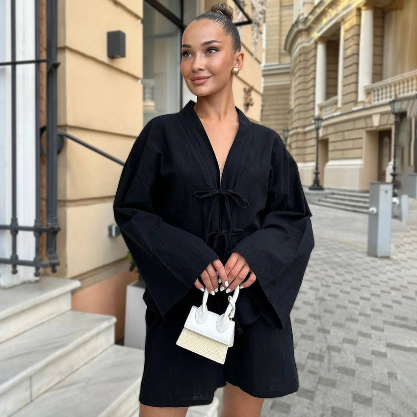 Dame afslappet kortærmet sweater og shorts sæt med snoretræk og moderne design Stilla