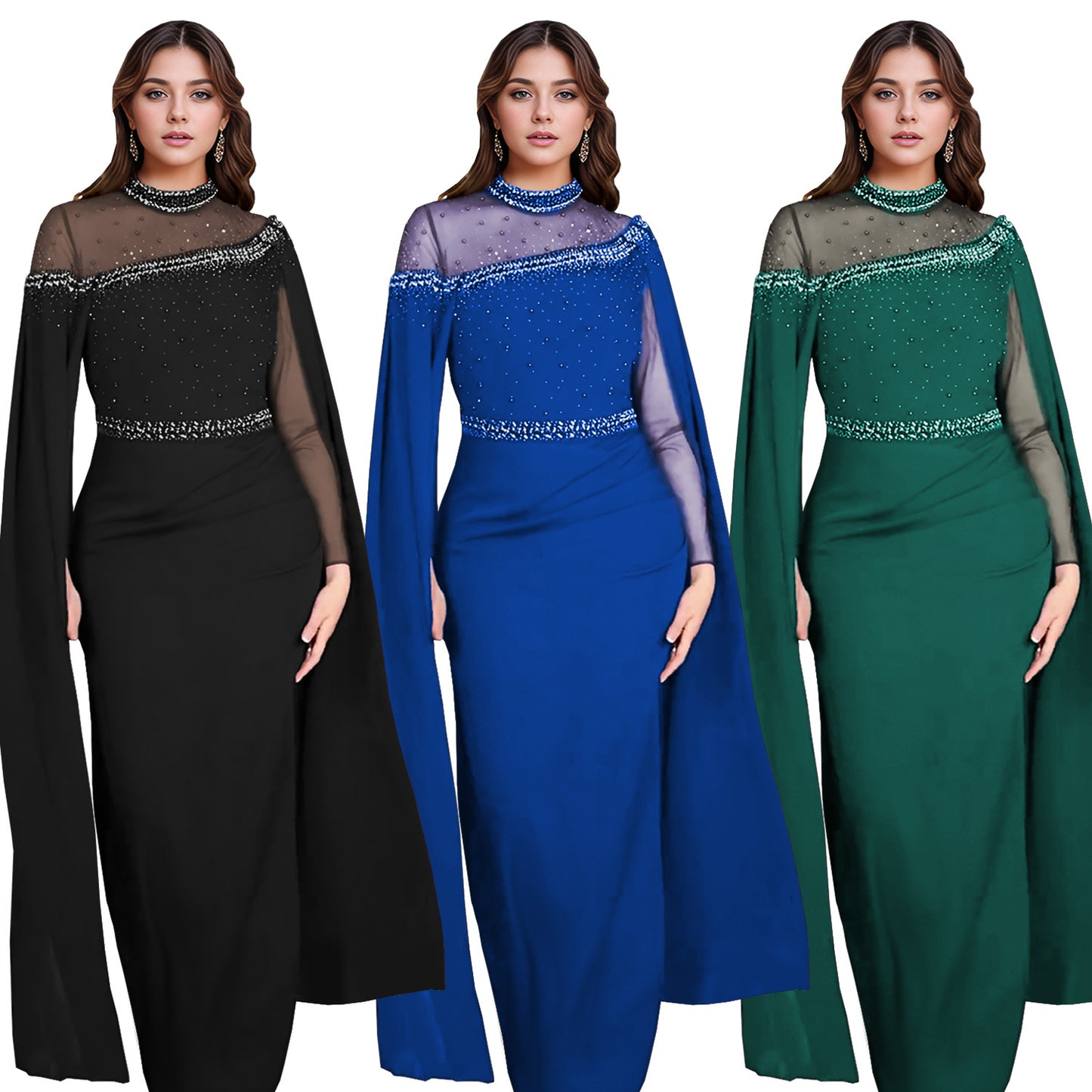 Dame Elegant aftenkjole med gennemsigtigt overmateriale og glitrende strassudsmykninger Stilla