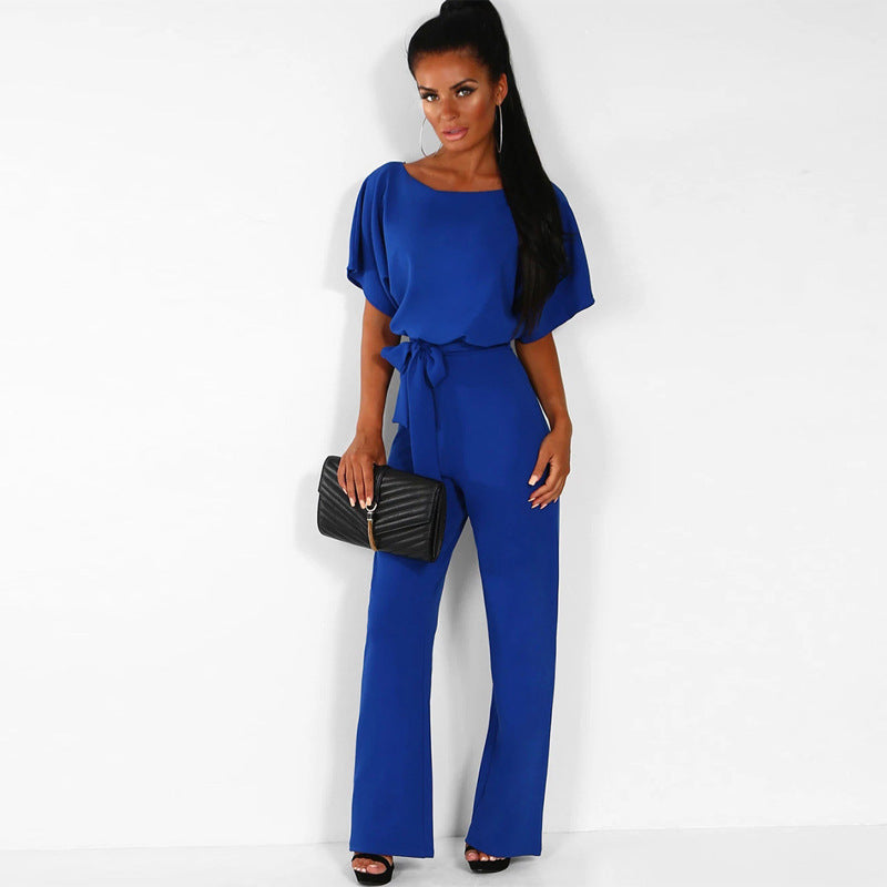 Dame Elegant Bred Ben Jumpsuit med Bindebælte Stilla