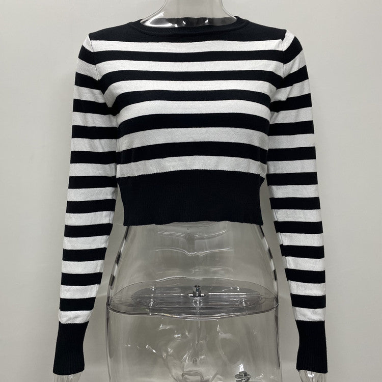 Dame Cropped Pullover med stribet design og elastisk afslutning Stilla
