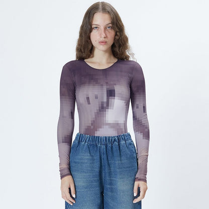Dame Langærmet Bodysuit med moderne Pixelmønster Stilla