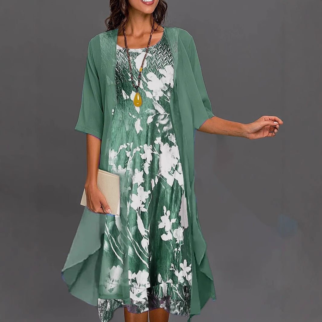 Dame elegant fritidskjole med asymmetrisk kant og floral design Stilla