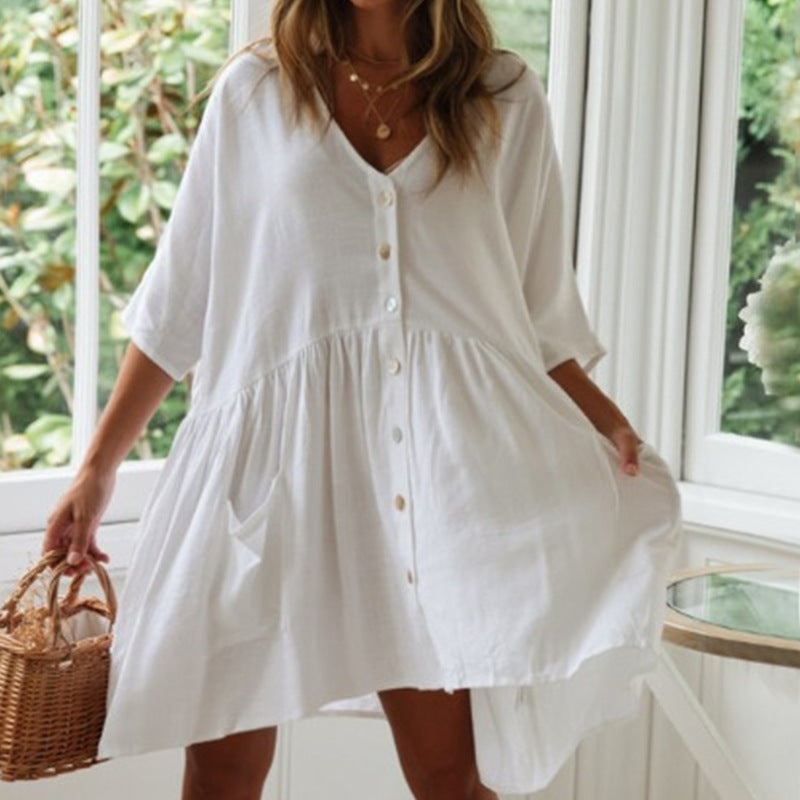 Dame afslappet skjortekjole i åndbart bomulds materiale med knaplukning og praktiske lommer Stilla