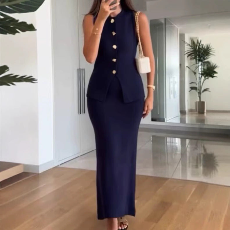 Dame Elegant 2-delt sæt med knapdetaljer og flagrende nederdel Stilla