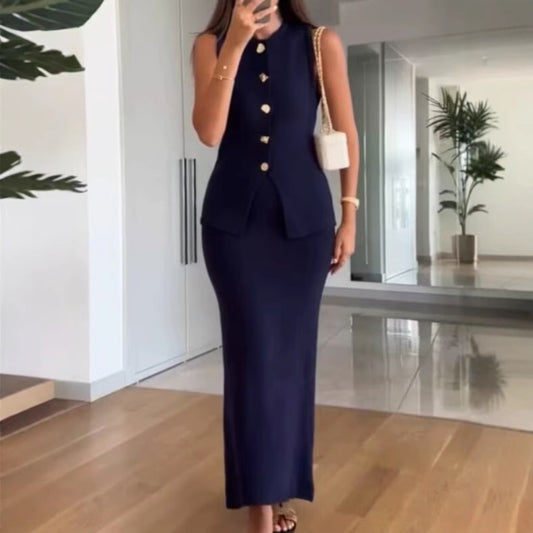 Dame Elegant 2-delt sæt med knapdetaljer og flagrende nederdel Stilla