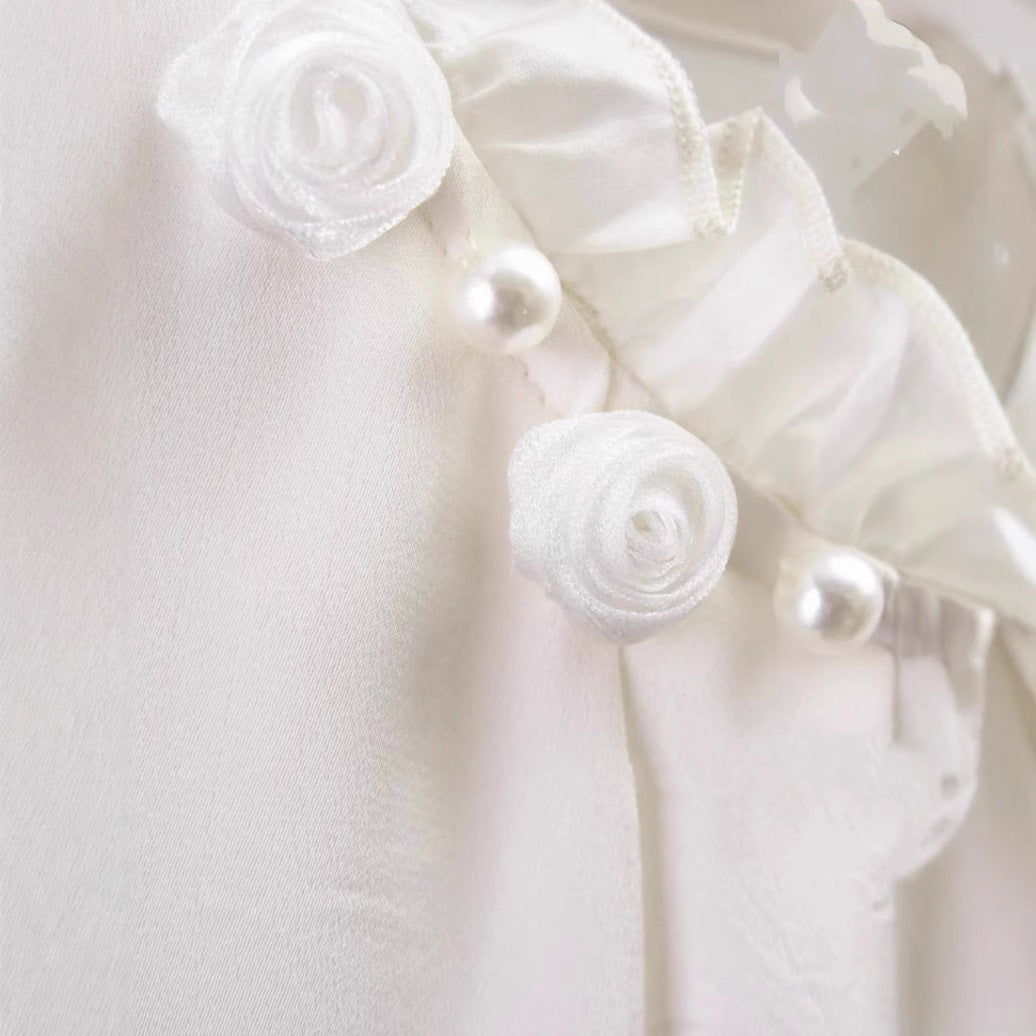 Dame Elegant Bluse med Flæsedetaljer og PerleacCenter Stilla