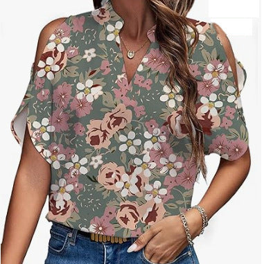 Dame Trendy Bluse med Cut-Out ærmer og blomstermønster Stiila