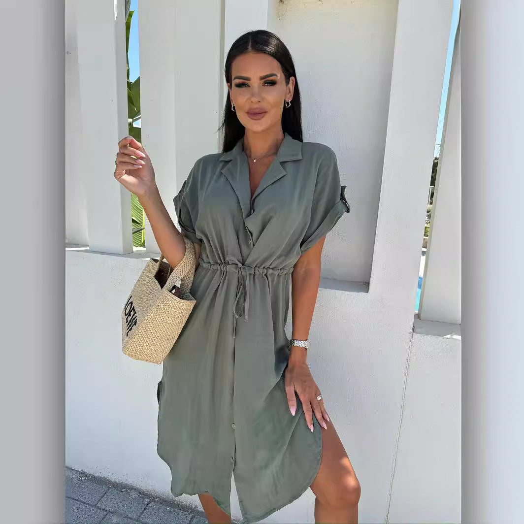 Dame Afslappet Knappeskjorte Kjole med Bindebælte Stilla