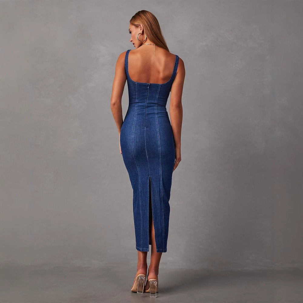 Dame Denim-maxikjole med smalt snit og firkantet udskæring Stilla