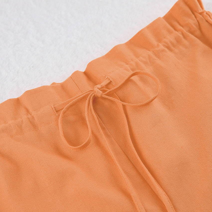 Dame afslappet linned kjole med taljejusterbar bindebånd Stilla