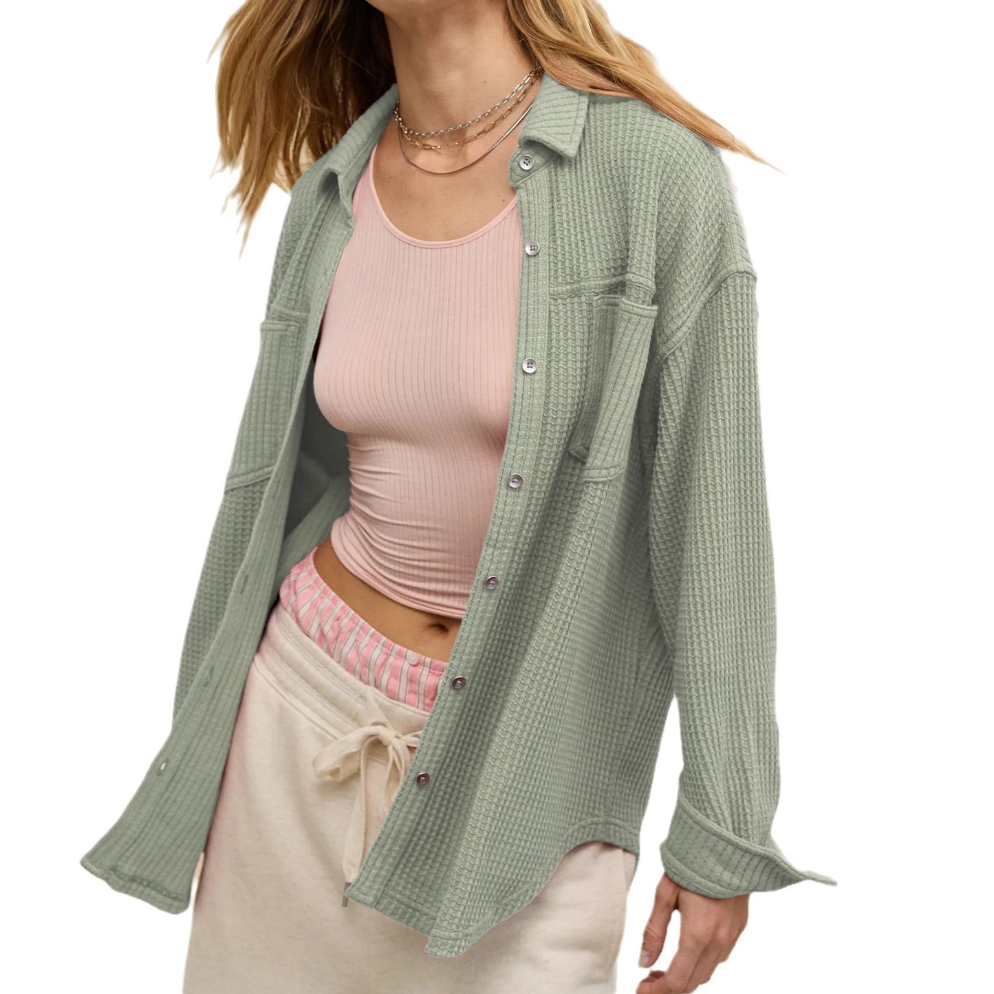 Dame afslappet overshirt i struktureret bomuld med trykknaplukning og sidelæg Stilla