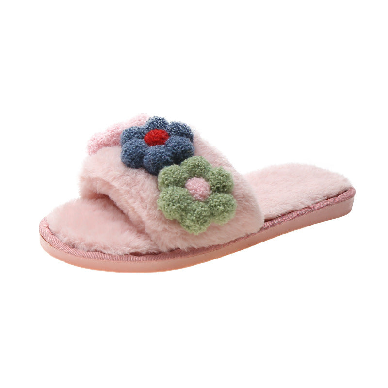 Dame hjemmesko med hyggeligt plush og legesyg blomster-applikation Stilla