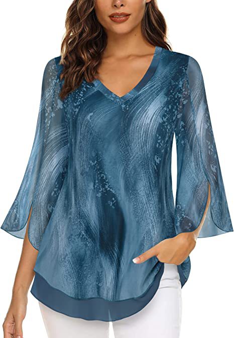 Dame elegant chiffonbluse med florale applikationer og bred ærme Stilla