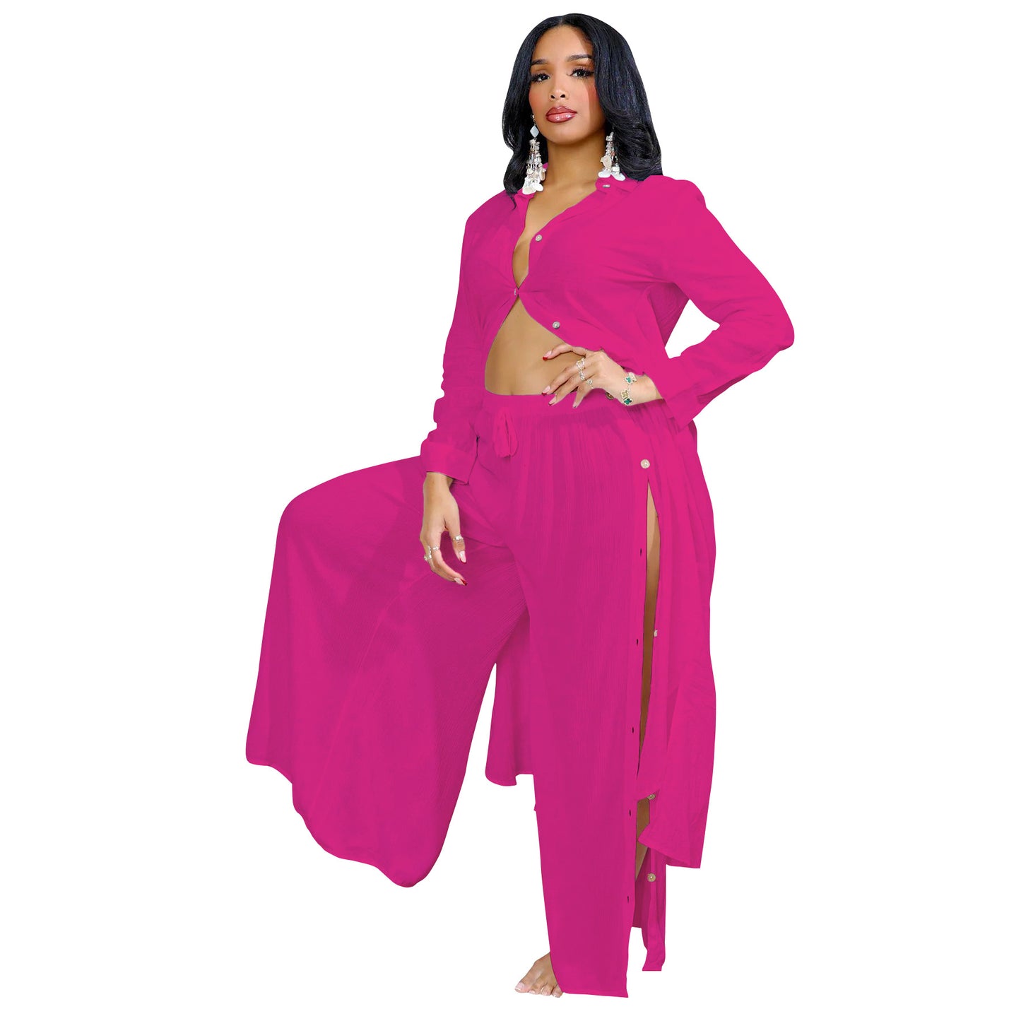 Dame afslappet fritidssæt med gennemgående skjorte og vide bukser Stilla