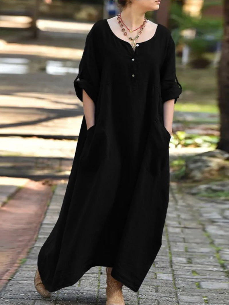 Dame afslappet langærmet kjole med praktiske lommer og knapdetaljer Stilla