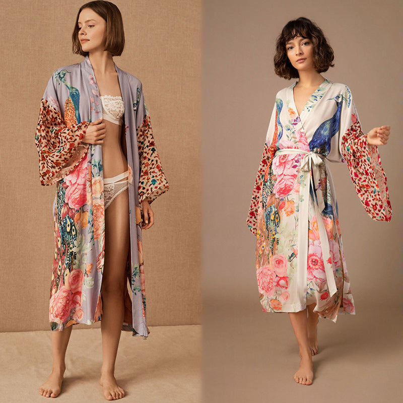 Dame elegant Kimono-Style Morgenkåbe med blomstermotiv Stilla