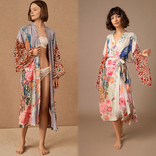 Dame elegant Kimono-Style Morgenkåbe med blomstermotiv Stilla