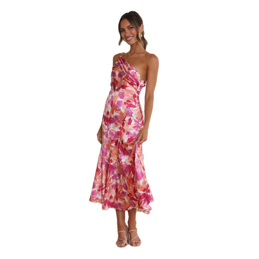 Dame elegant blomster-midi-kjole med asymmetrisk udskæring Stilla