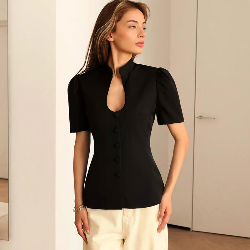 Dame elegant bluse med kort ærme og ståkrave Stilla