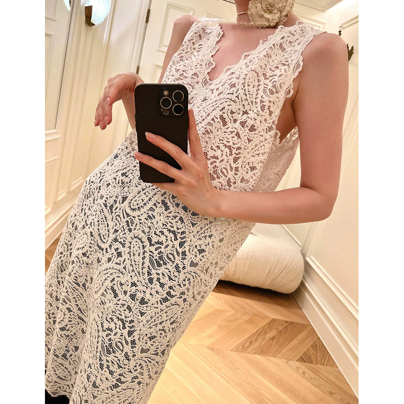 Dame elegant hækle top med dyb V-halsudskæring og flydende snit Stilla