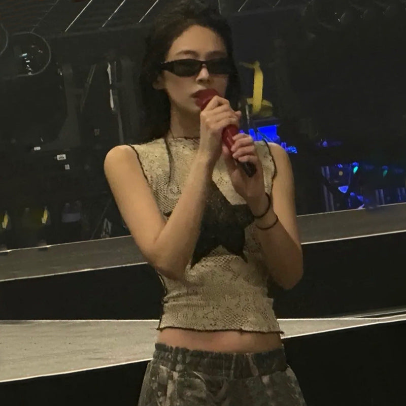 Dame Cropped Shirt med stjernedesign og netstof Stilla