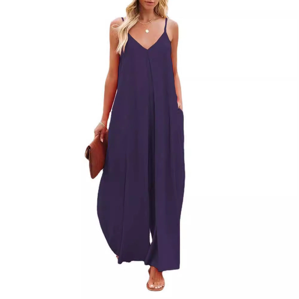 Dame bredskåret jumpsuit med spaghetti stropper Stilla