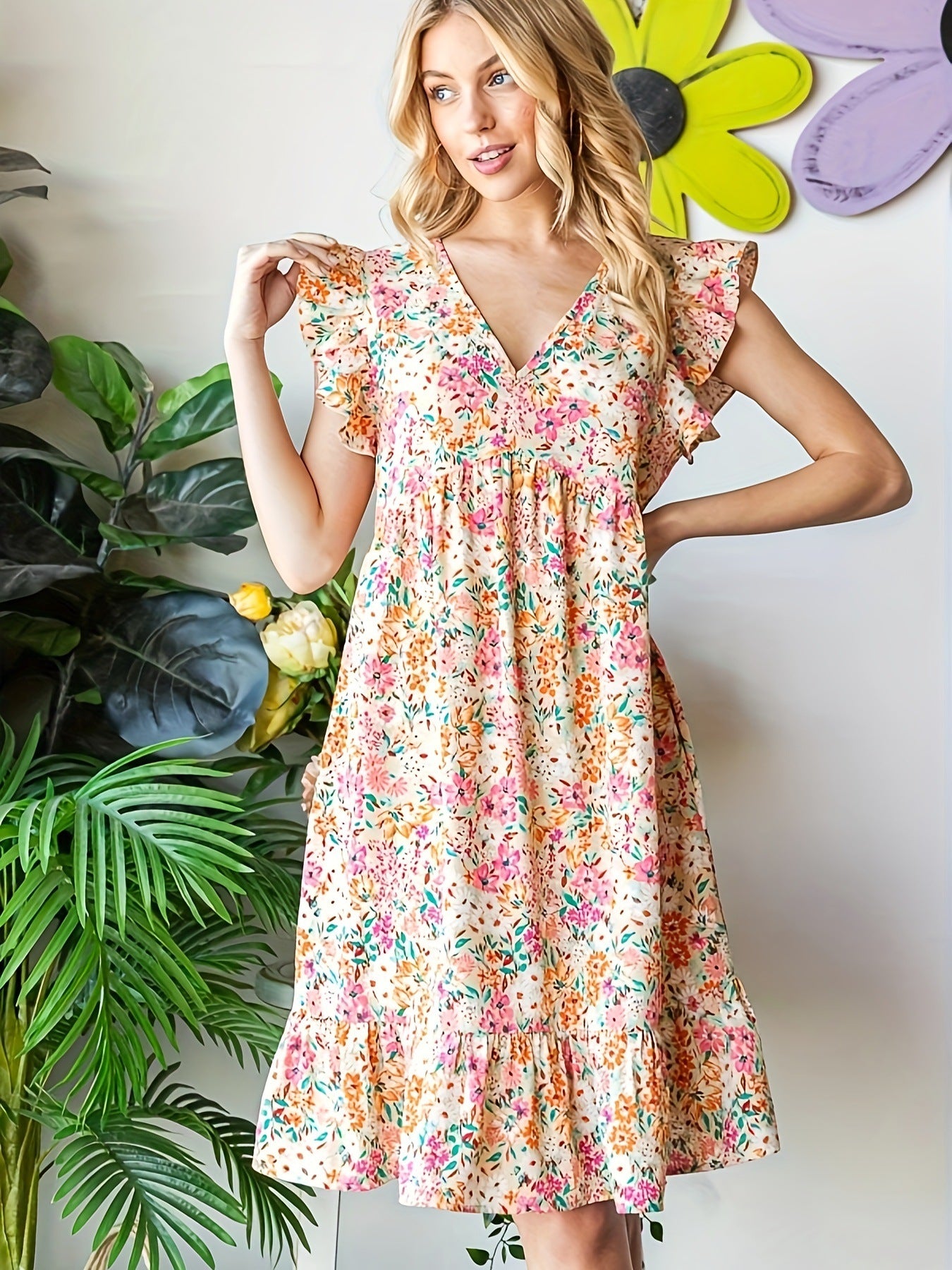 Dame Elegant blomstermønster sommerkjole med flæseudskæringer Stilla