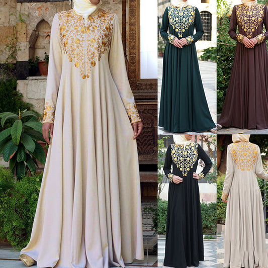 Dame Elegant Langærmet Kjole med Floral Broderi og Svingende Nederdel Stilla